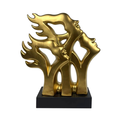 Matte Gold 3 Faces Sculpture on Black Stand 41cm