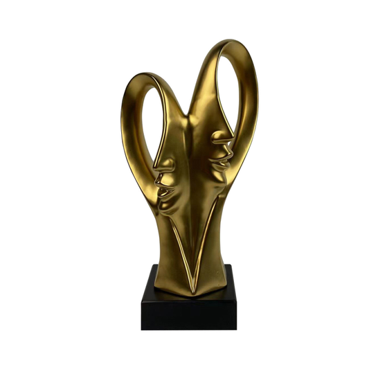 Matte Gold 2 Faces Sculpture on Black Stand 37.5CM