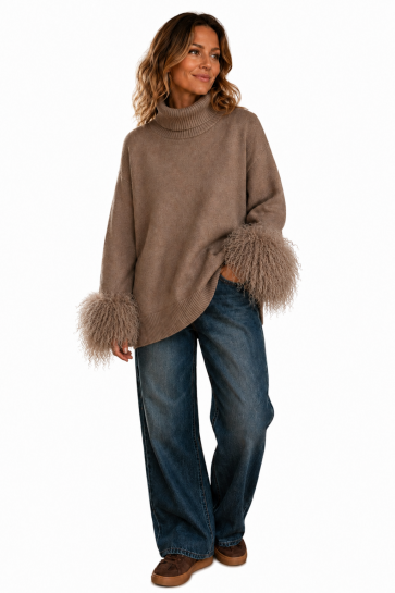 Roll Neck Jumper with  Detachable Faux Mongolian Fur Cuffs