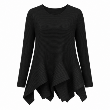 Black Frill Hemline Pleated Long Sleeve Top