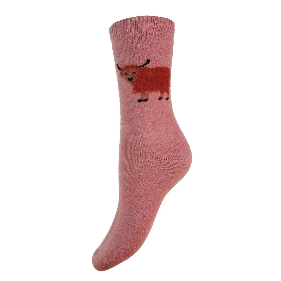 Pink Fluffy Highland Cow Wool Blend Socks size 4-7 - The Nook