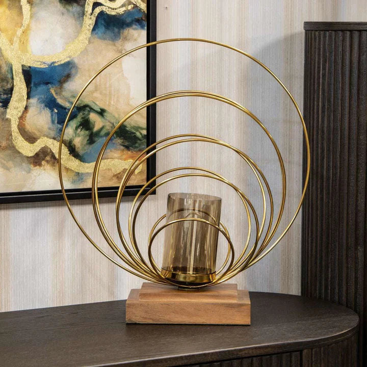 Gold Large Ring Candle Holder on Wooden Base