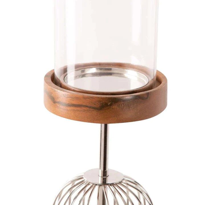 Large Cylinder 'Cage' Candle Holder Wooden Base