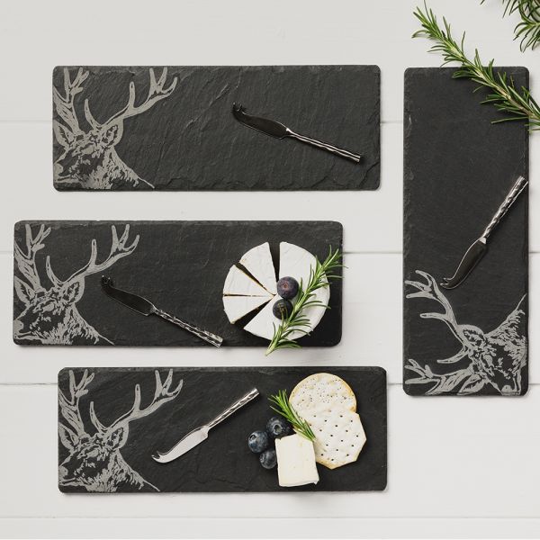 4 Mini Slate Cheese Board & Knife Sets - Stag by Selbrae House