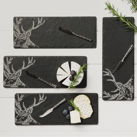 4 Mini Slate Cheese Board & Knife Sets - Stag by Selbrae House